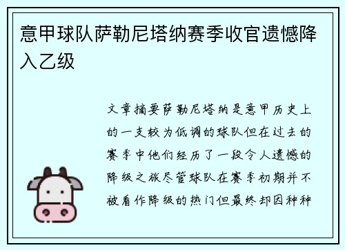 意甲球队萨勒尼塔纳赛季收官遗憾降入乙级
