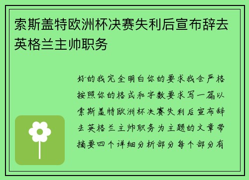 索斯盖特欧洲杯决赛失利后宣布辞去英格兰主帅职务
