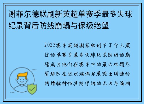 谢菲尔德联刷新英超单赛季最多失球纪录背后防线崩塌与保级绝望